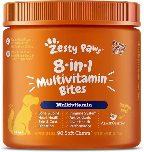 Zesty Paws Multivitamin Treats for Dogs – Glucosamine, Chondroitin, Probiotics, & Digestive Enzymes – Grain-Free for Joint, Skin, Coat & Immune Health – Peanut Butter Flavor, 90 Count